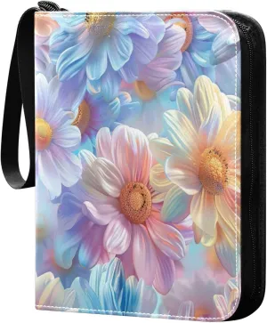 Colorful Daisies Card Binder 4-Pocket, 400 Pockets PU Waterproof Zippered Collector Card Album with 50 Removable Sleeves for Trading, Game Cards