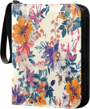 Colorful Flowers Card Binder 4-Pocket, 400 Pockets PU Waterproof Zippered Collector Card Album with 50 Removable Sleeves for Trading, Game Cards