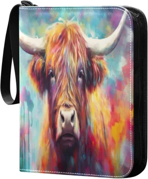 Colorful Highland Cow Card Binder 4-Pocket, 400 Pockets PU Waterproof Zippered Collector Card Album with 50 Removable Sleeves for Trading, Game Cards