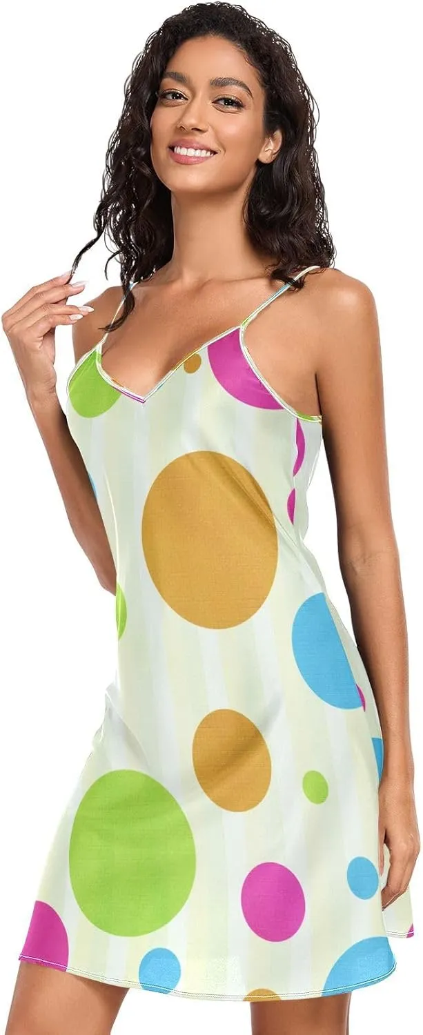 Colorful Polka Dots Slips for Women, Adjustable Spaghetti Strap V Neck Satin Gowns for Women Sleepwear, S