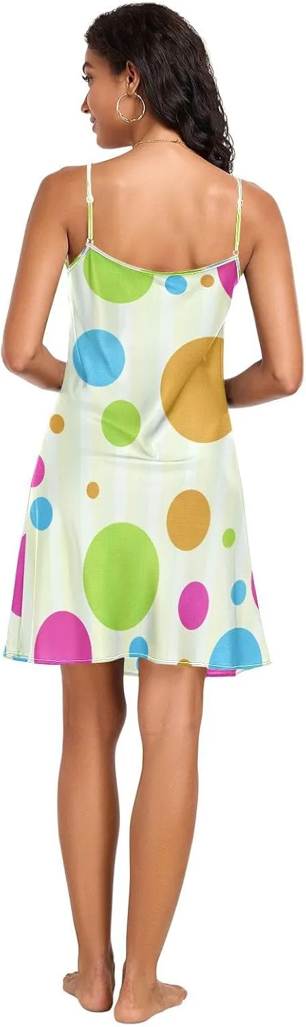 Colorful Polka Dots Slips for Women, Adjustable Spaghetti Strap V Neck Satin Gowns for Women Sleepwear, S