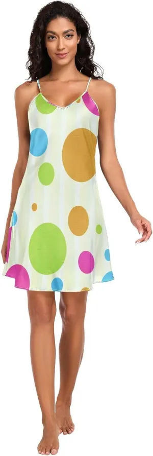 Colorful Polka Dots Slips for Women, Adjustable Spaghetti Strap V Neck Satin Gowns for Women Sleepwear, S