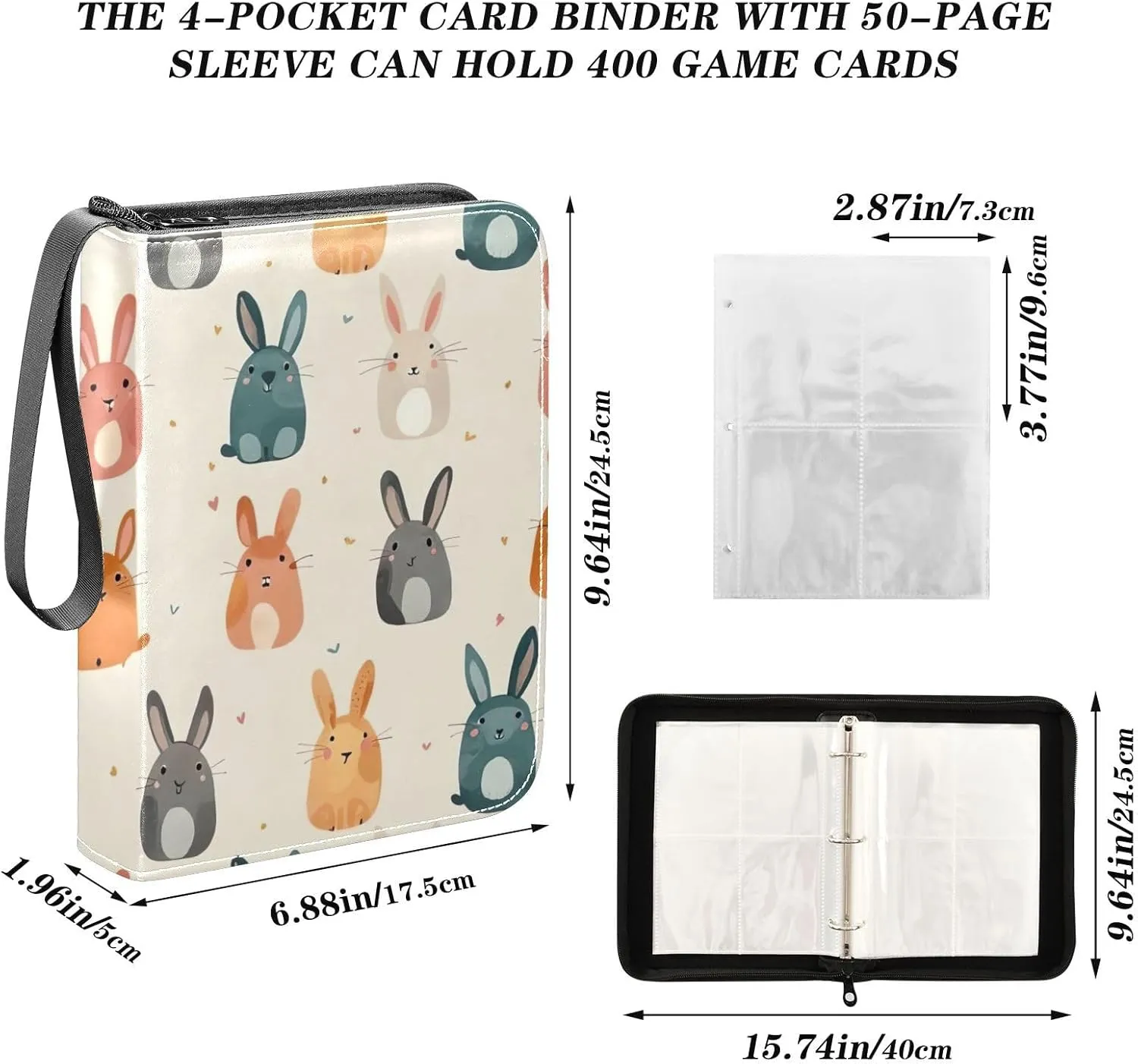 Colorful Rabbits Beige Binder Photocard Fits for Most Standard Size Cards 4 Pocket Trading Card Binder