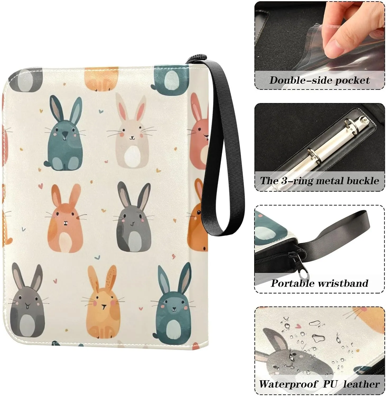 Colorful Rabbits Beige Binder Photocard Fits for Most Standard Size Cards 4 Pocket Trading Card Binder