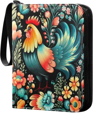 Colorful Rooster Card Binder 4-Pocket, 400 Pockets PU Waterproof Zippered Collector Card Album with 50 Removable Sleeves for Trading, Game Cards