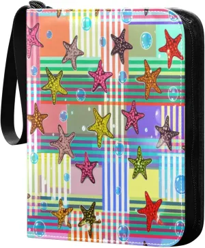 Colorful Starfish Card Binder 4-Pocket, 400 Pockets PU Waterproof Zippered Collector Card Album with 50 Removable Sleeves for Trading, Game Cards