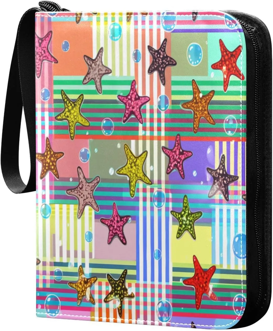 Colorful Starfish Card Binder 4-Pocket, 400 Pockets PU Waterproof Zippered Collector Card Album with 50 Removable Sleeves for Trading, Game Cards