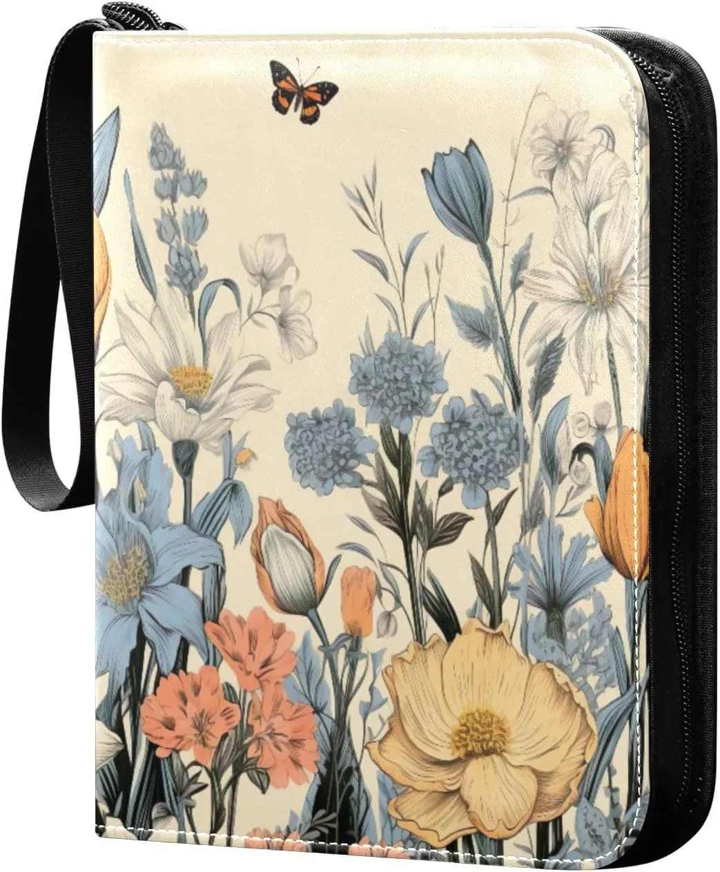 Colorful Wild Flowers Card Binder 4-Pocket, 400 Pockets PU Waterproof Zippered Collector Card Album with 50 Removable Sleeves for Trading, Game Cards