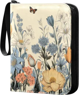 Colorful Wild Flowers Card Binder 4-Pocket, 400 Pockets PU Waterproof Zippered Collector Card Album with 50 Removable Sleeves for Trading, Game Cards