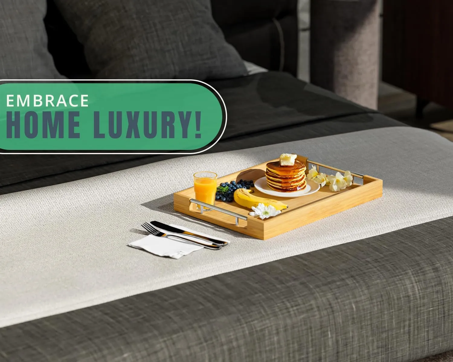 Comfify Modern Bamboo Serving Tray with Metal Handles, 16.87x12x2inch, Natural