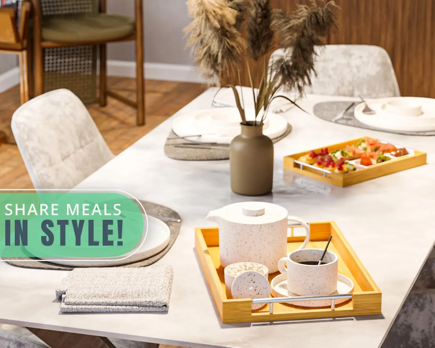 Comfify Modern Bamboo Serving Tray with Metal Handles, 16.87x12x2inch, Natural