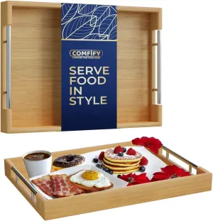 Comfify Modern Bamboo Serving Tray with Metal Handles, 16.87x12x2inch, Natural