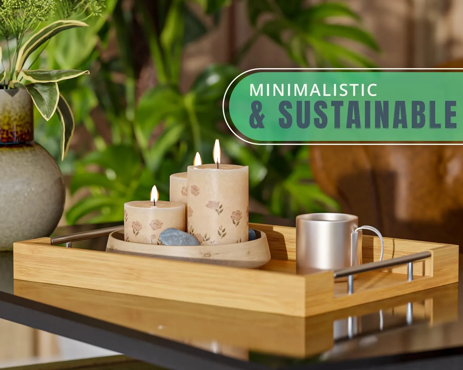 Comfify Modern Bamboo Serving Tray with Metal Handles, 16.87x12x2inch, Natural
