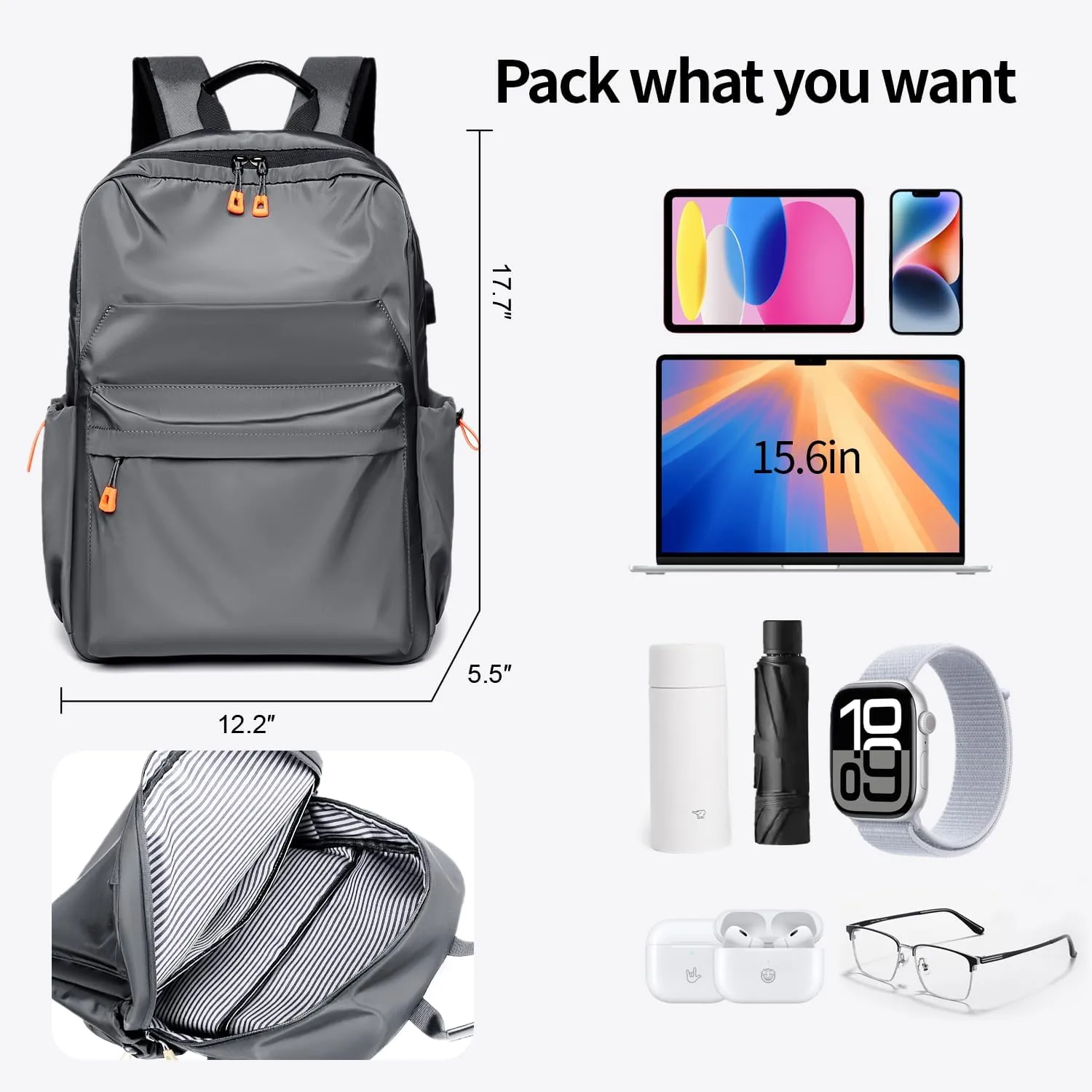 Commuter Backpack with USB Charging Port, WaterProof Nylon Bag with Luggage Strap, Personal Item Backpack for Men Women,Gray