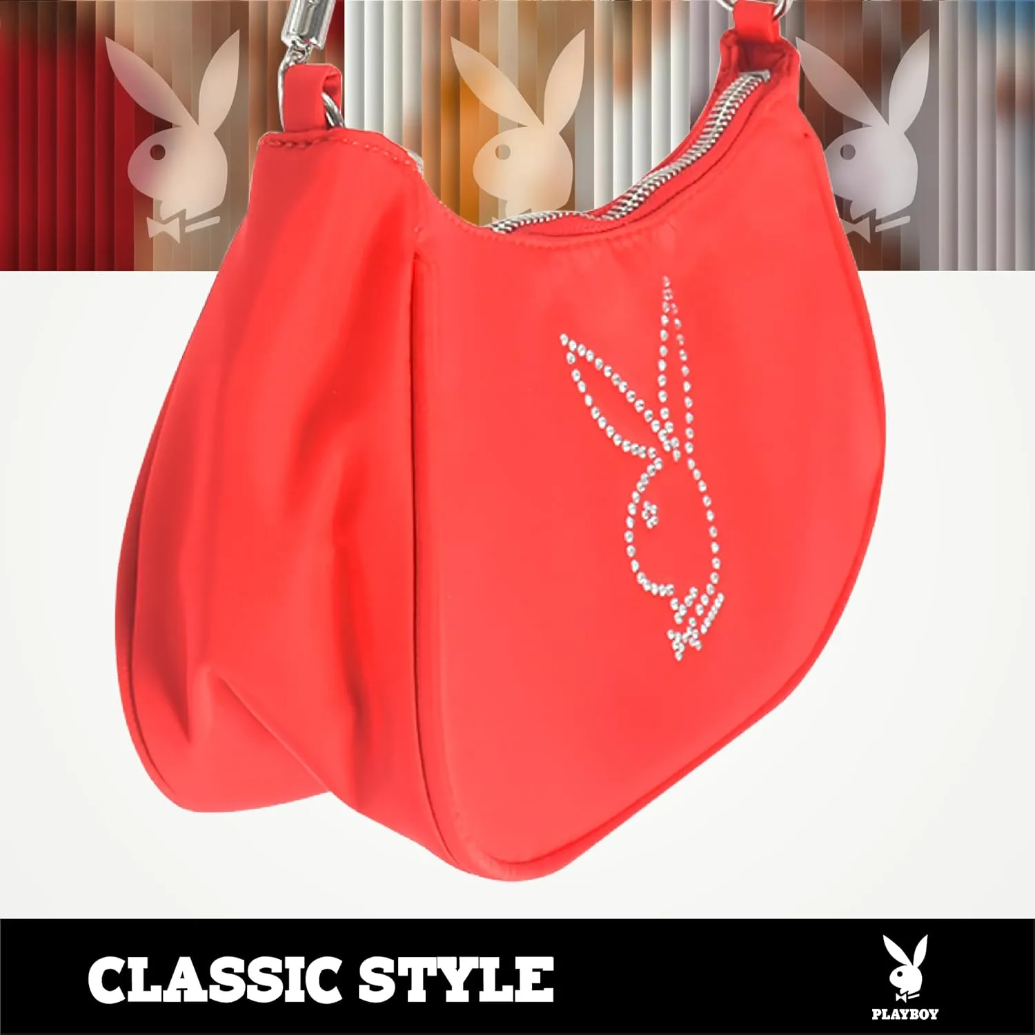 Concept One Playboy Shoulder Bag, Women's Purse Handbag with Rhinestone Carry Strap and Bunny Logo