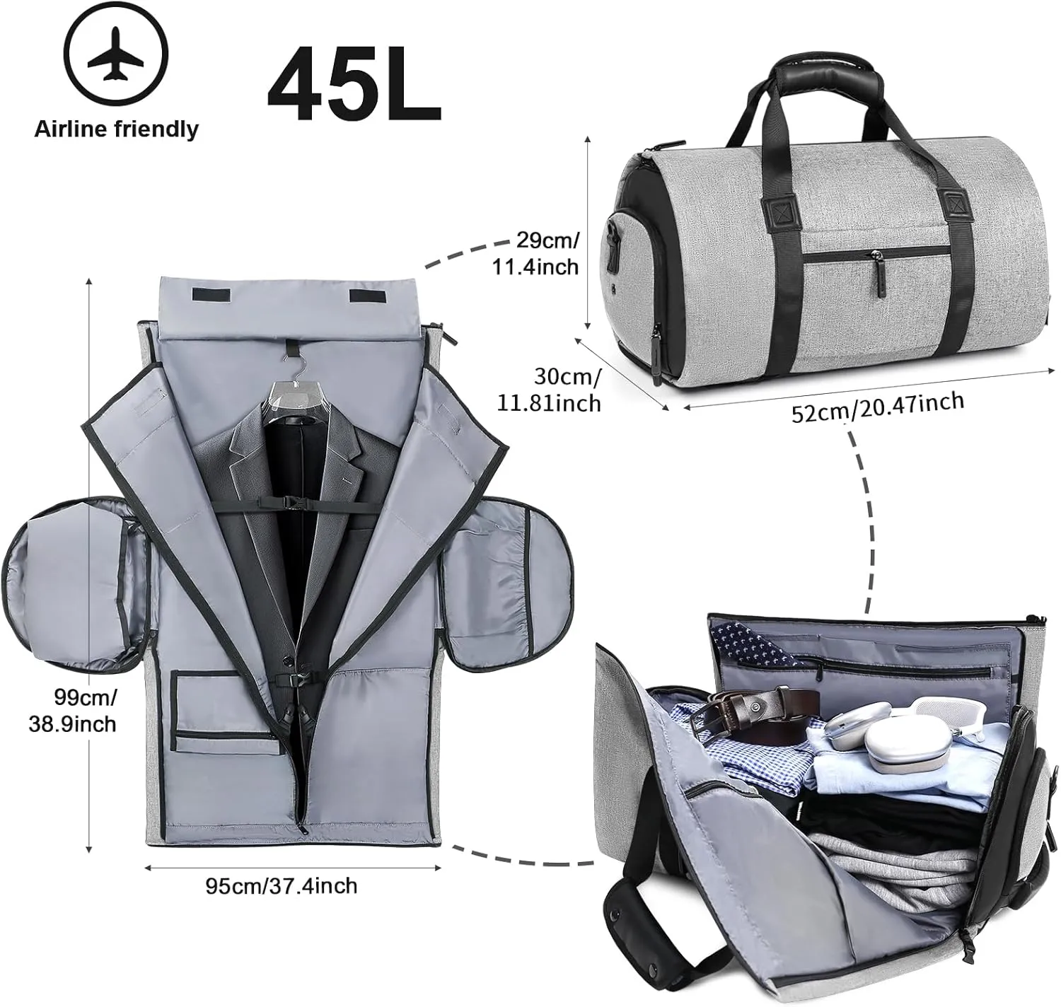CONTAIL 45L Convertible Travel Garment Bag With Backpack Strap and Detachable Shoulder Strap,5 in 1 Carry On Weekend Duffel Bag with Shoe Pouch for Unisex,Grey