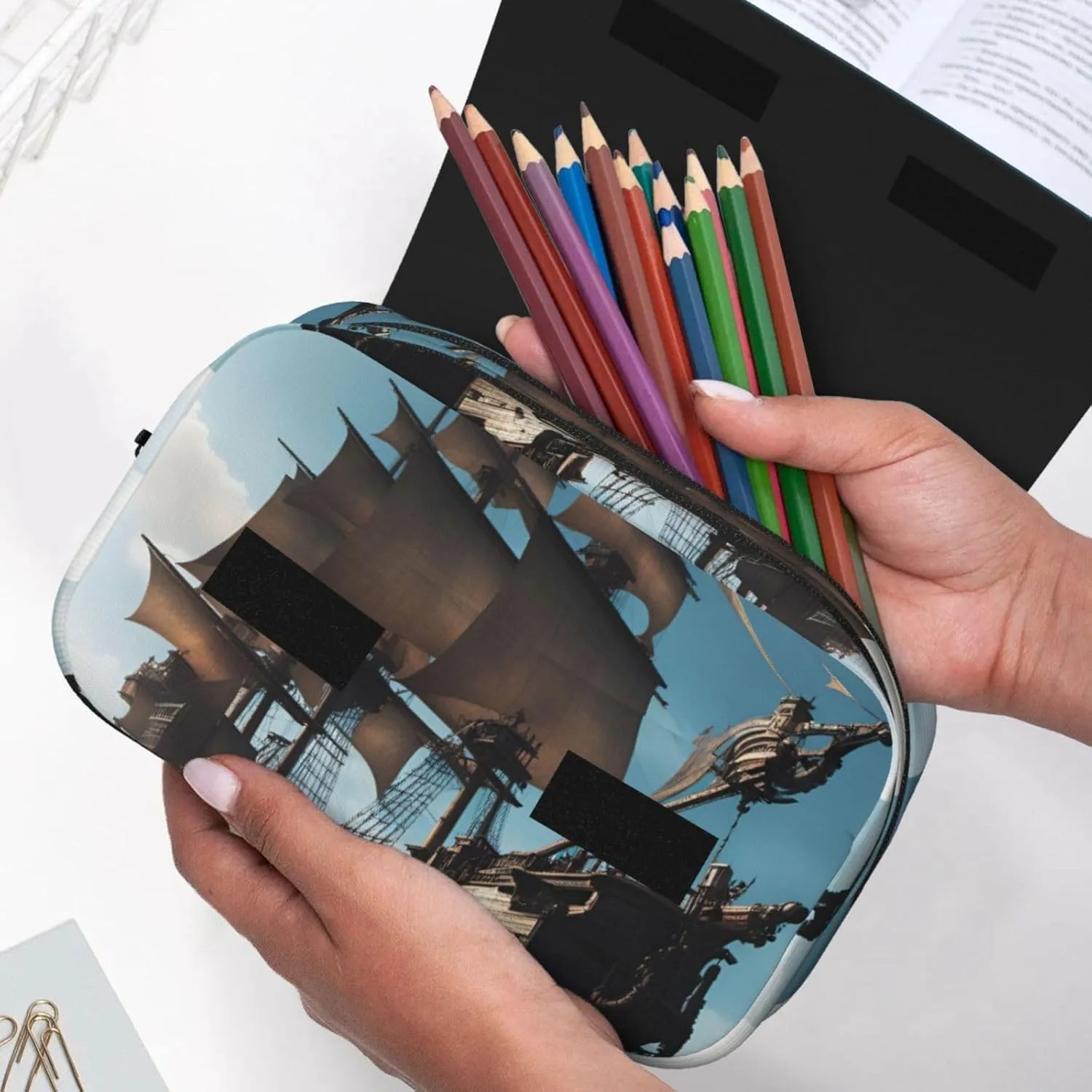 Cool Pirate Ship Printing Pen Case, Rollerball Pen Holder Handmade Display Organizer Zippered Pouch