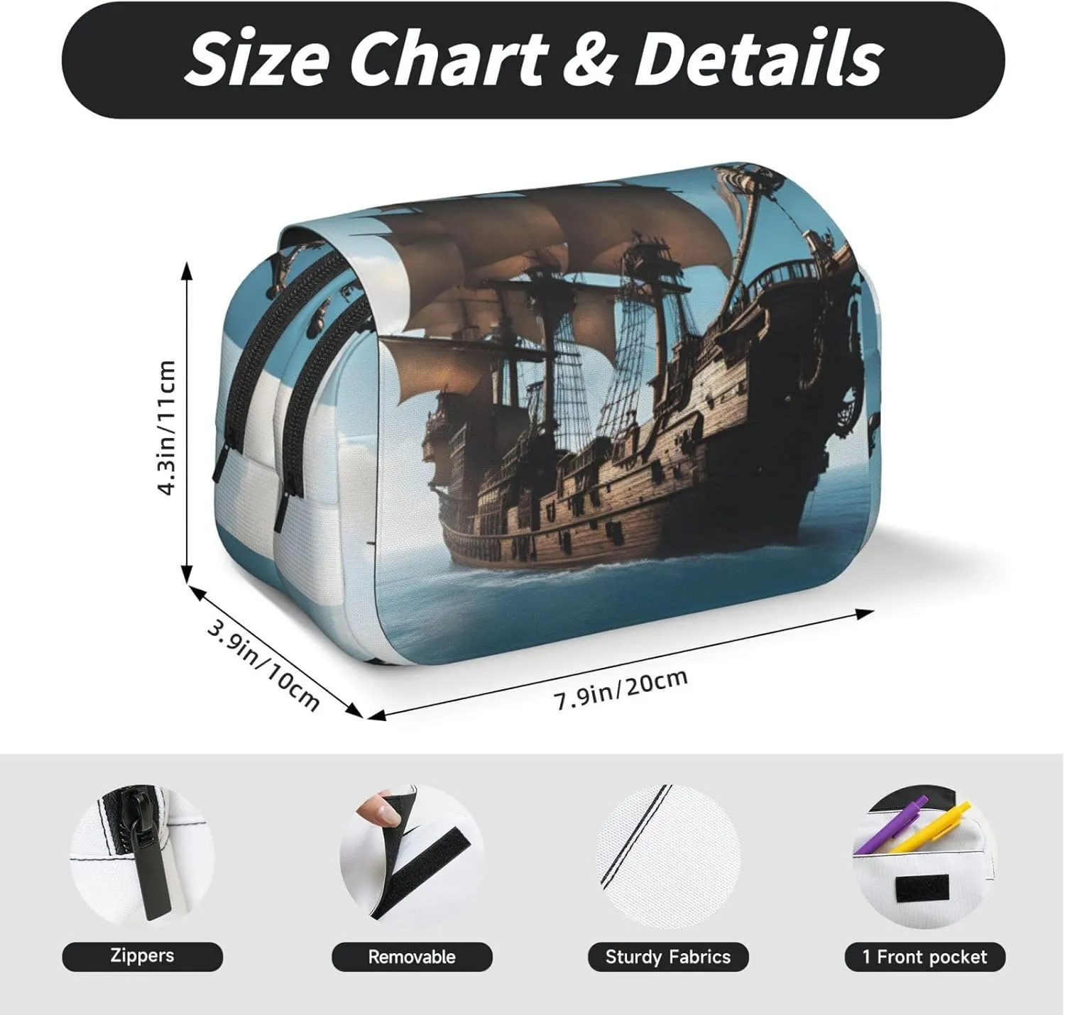 Cool Pirate Ship Printing Pen Case, Rollerball Pen Holder Handmade Display Organizer Zippered Pouch