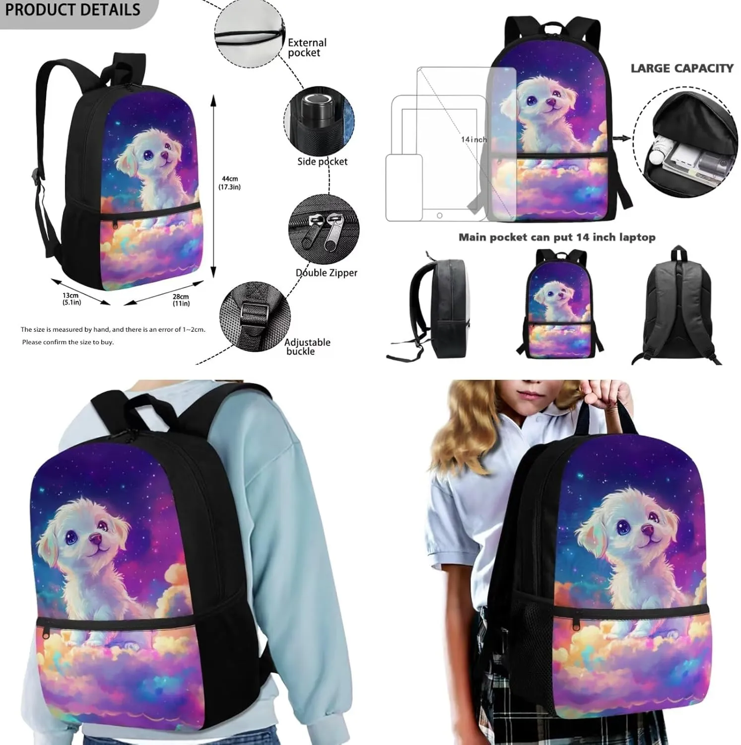 Cool Wolf Kids School Backpack with Lunch Box Bag Girls 10-12 Lightweight School Bags for Girls with Lunch Kit Keep Warm Sports Bookbag with Side Pocket 3 In 1