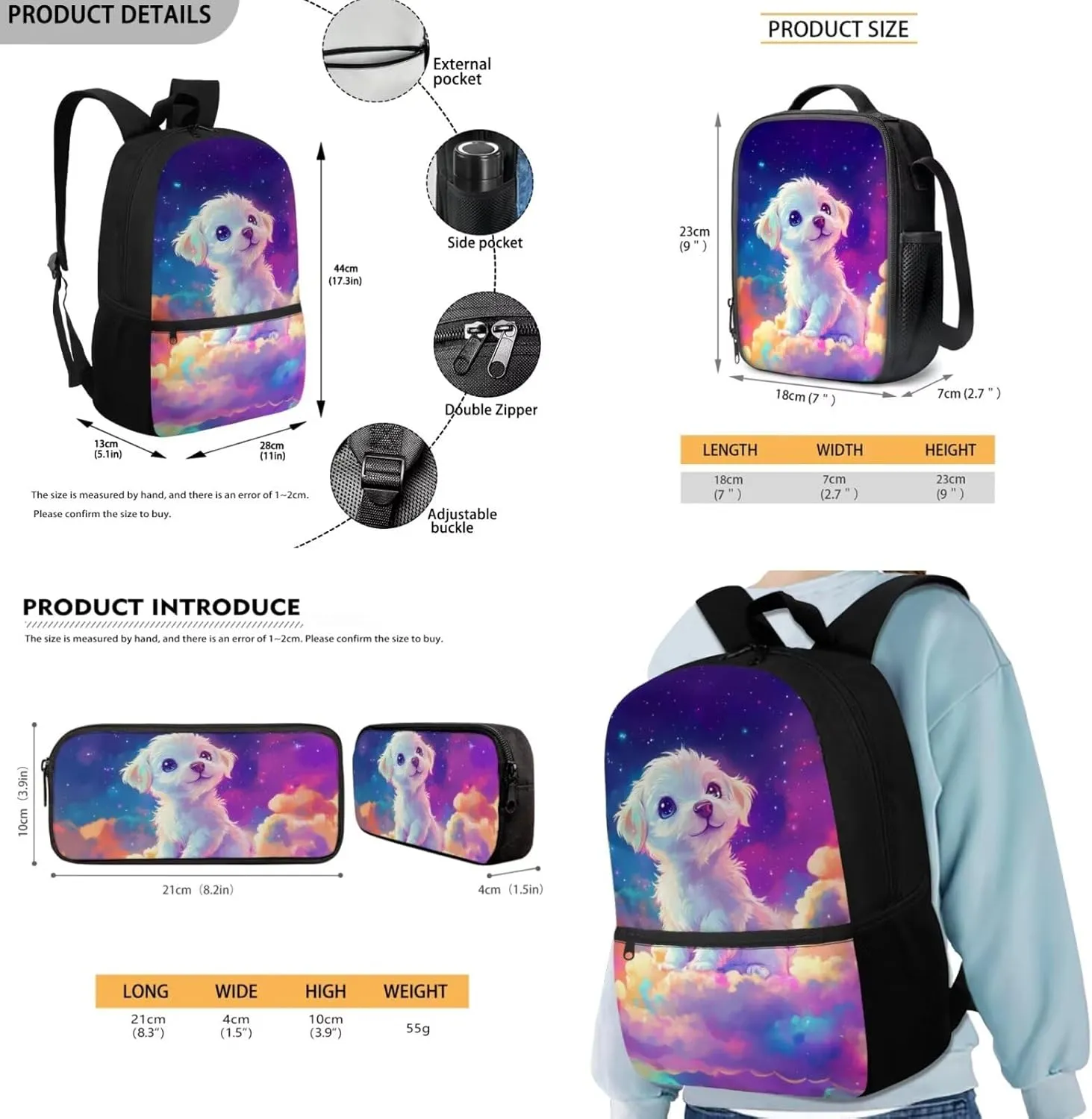Cool Wolf Kids School Backpack with Lunch Box Bag Girls 10-12 Lightweight School Bags for Girls with Lunch Kit Keep Warm Sports Bookbag with Side Pocket 3 In 1