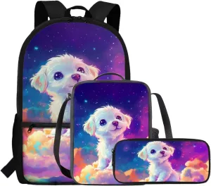 Cool Wolf Kids School Backpack with Lunch Box Bag Girls 10-12 Lightweight School Bags for Girls with Lunch Kit Keep Warm Sports Bookbag with Side Pocket 3 In 1