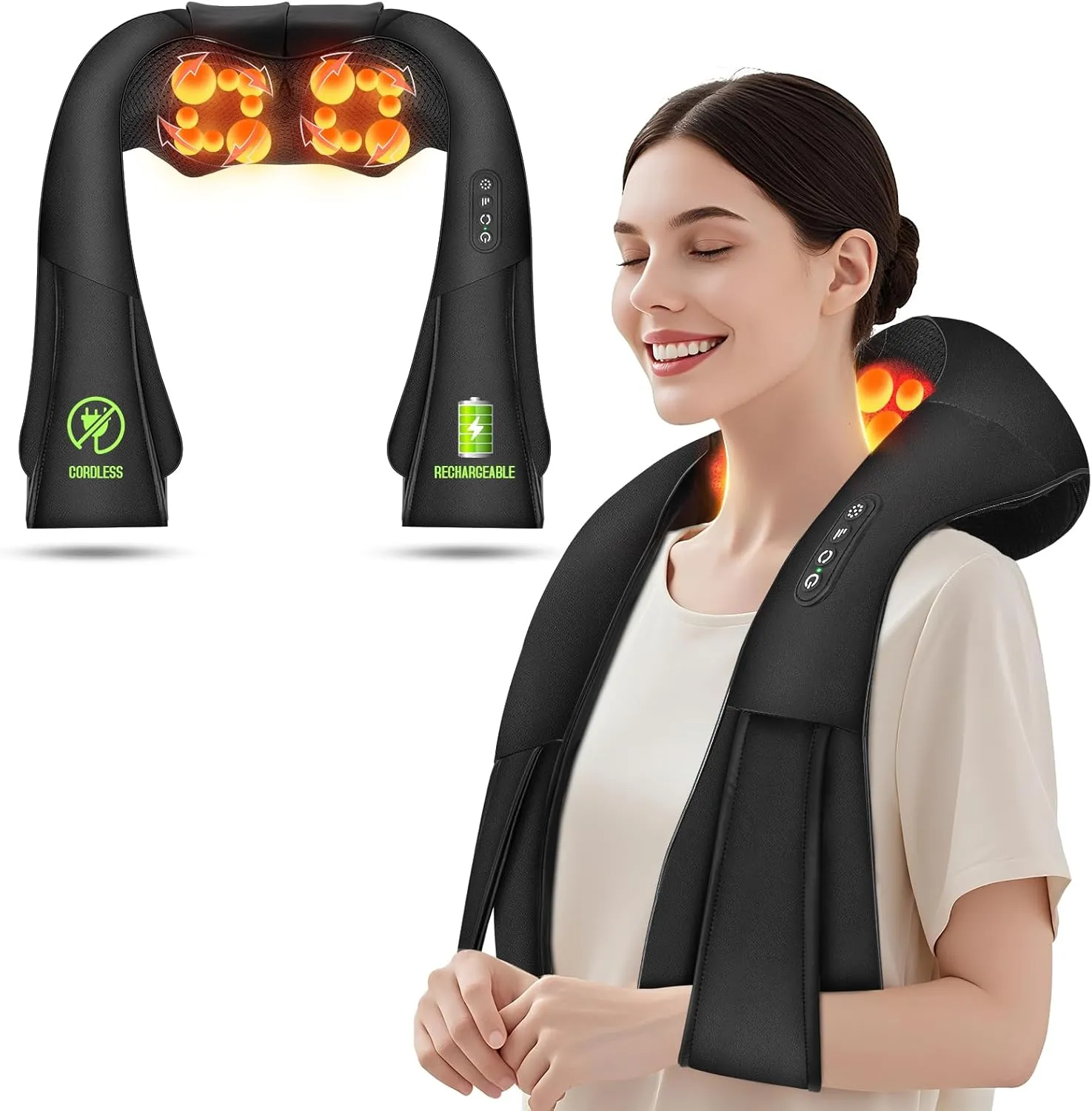 Cordless Shiatsu Neck and Shoulder Massager, Back Massager with Heat ,Massage Deeper Tissue 4D Kneading Massage for Shoulder, Neck and Back, Use at Home, Office, Car - Gifts for Fathers Day Dad Gift