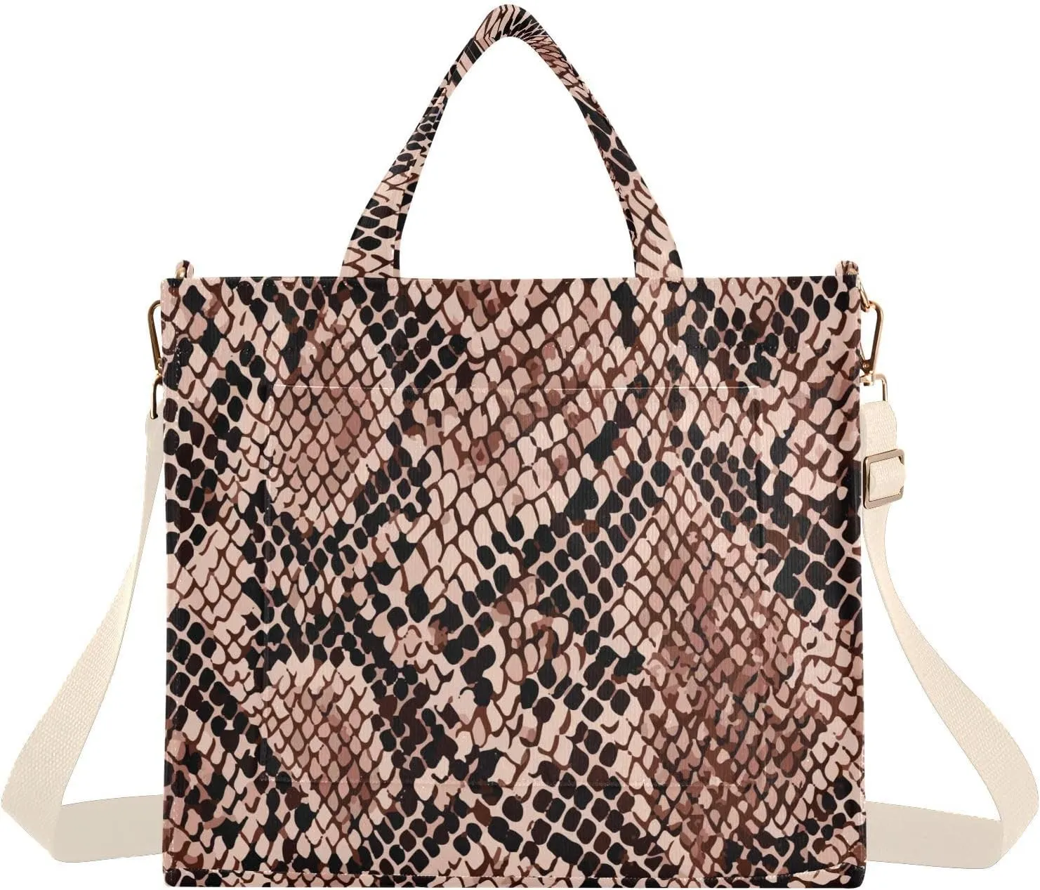 Corduroy Tote Bag for Women Snake Skin Brown Print, Handbag Purses with Detachable Strap Size Small