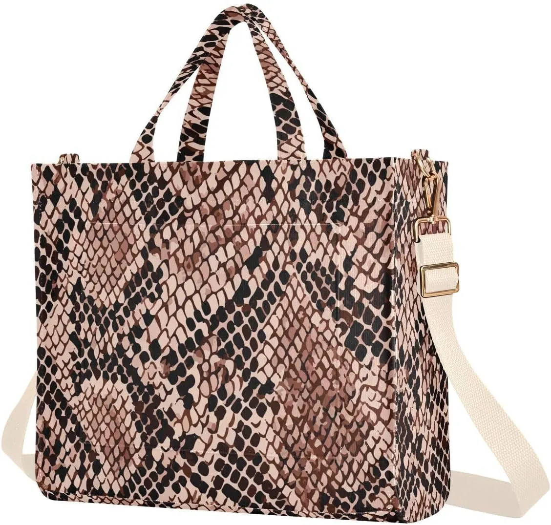 Corduroy Tote Bag for Women Snake Skin Brown Print, Handbag Purses with Detachable Strap Size Small