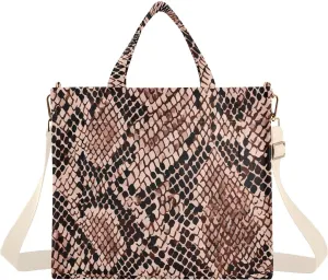Corduroy Tote Bag for Women Snake Skin Brown Print, Handbag Purses with Detachable Strap Size Small