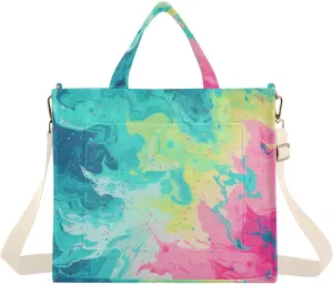 Corduroy Women Tote Bag Teal Pink Fluid Print, Handbag Purses with Detachable Strap Small Size