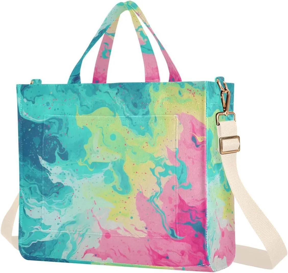 Corduroy Women Tote Bag Teal Pink Fluid Print, Handbag Purses with Detachable Strap Small Size