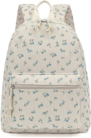 Corduroy Womens Mini Backpack Girls Small Backpack Purse Fashion Casual Daypack School Bookbag (Flowers Blue)