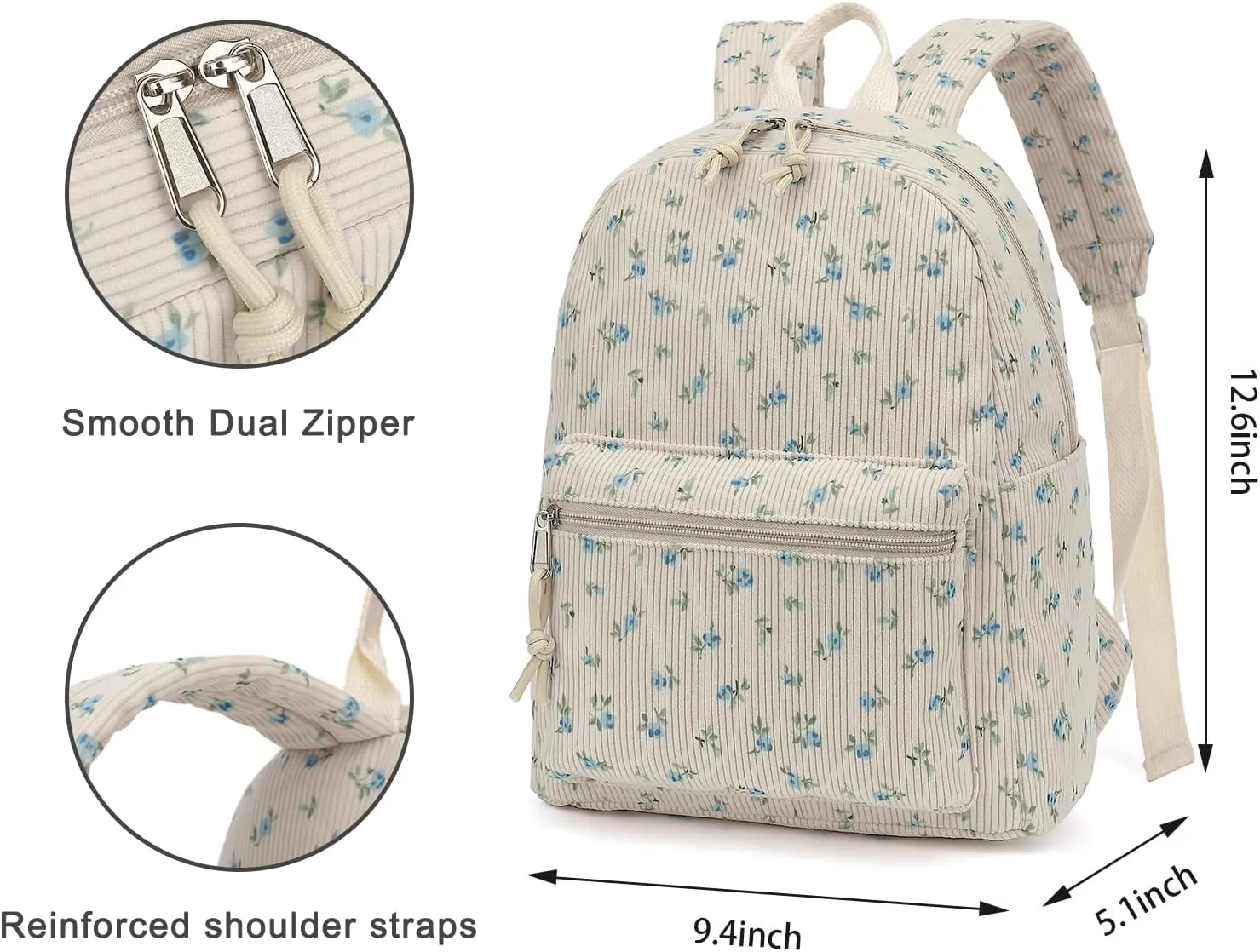 Corduroy Womens Mini Backpack Girls Small Backpack Purse Fashion Casual Daypack School Bookbag (Flowers Blue)