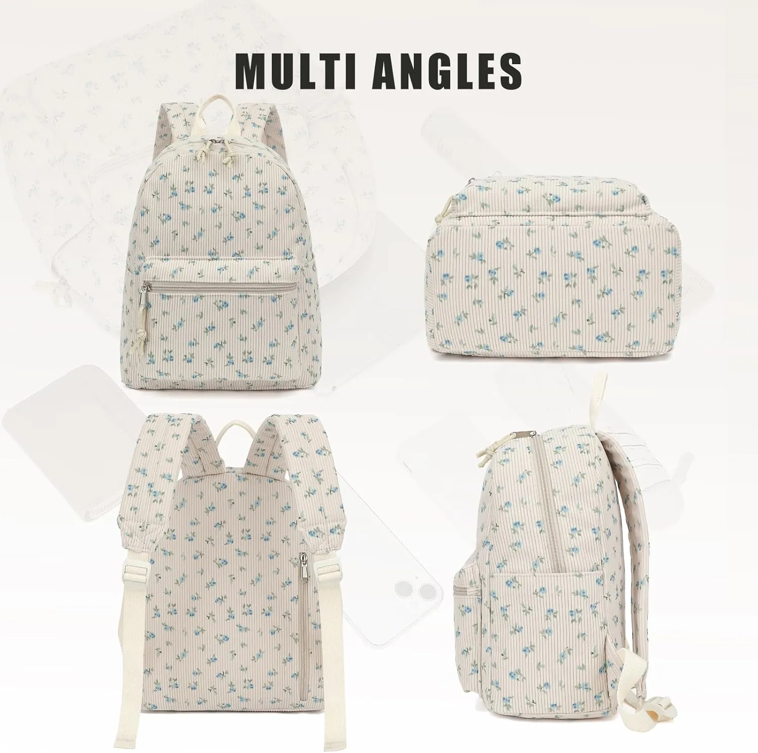 Corduroy Womens Mini Backpack Girls Small Backpack Purse Fashion Casual Daypack School Bookbag (Flowers Blue)