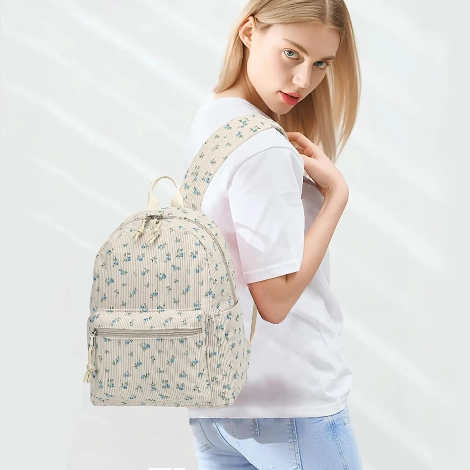 Corduroy Womens Mini Backpack Girls Small Backpack Purse Fashion Casual Daypack School Bookbag (Flowers Blue)