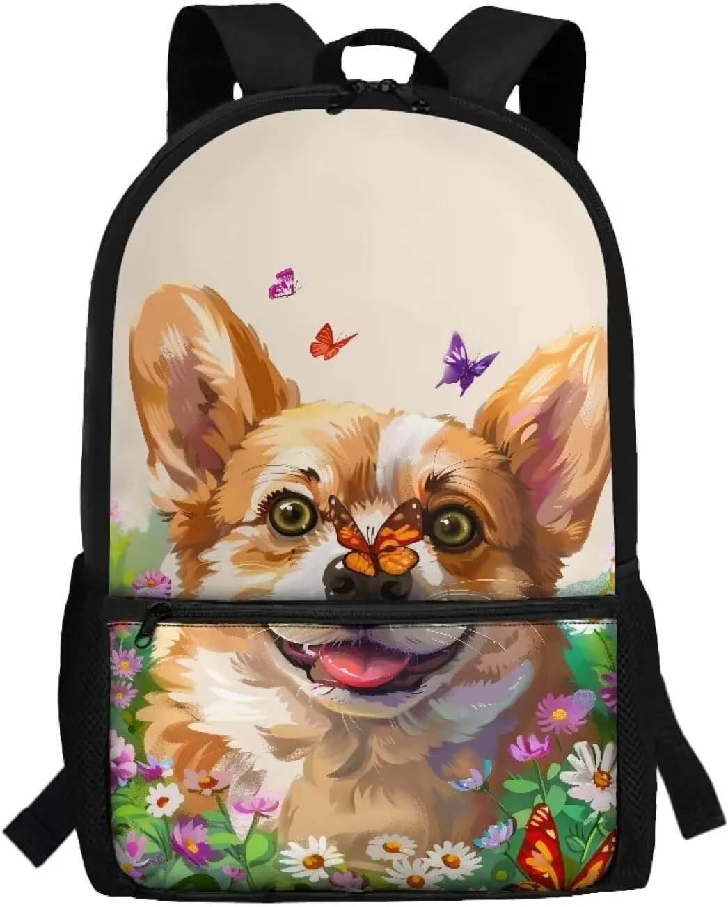 Corgi Dog School Backpack Butterfly Floral Backpacks with Adjustable Shoulder Strap School Bag for Women Kids 17 Inch Polyester Bookbag for Travel