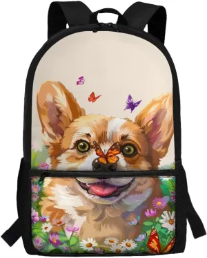 Corgi Dog School Backpack Butterfly Floral Backpacks with Adjustable Shoulder Strap School Bag for Women Kids 17 Inch Polyester Bookbag for Travel