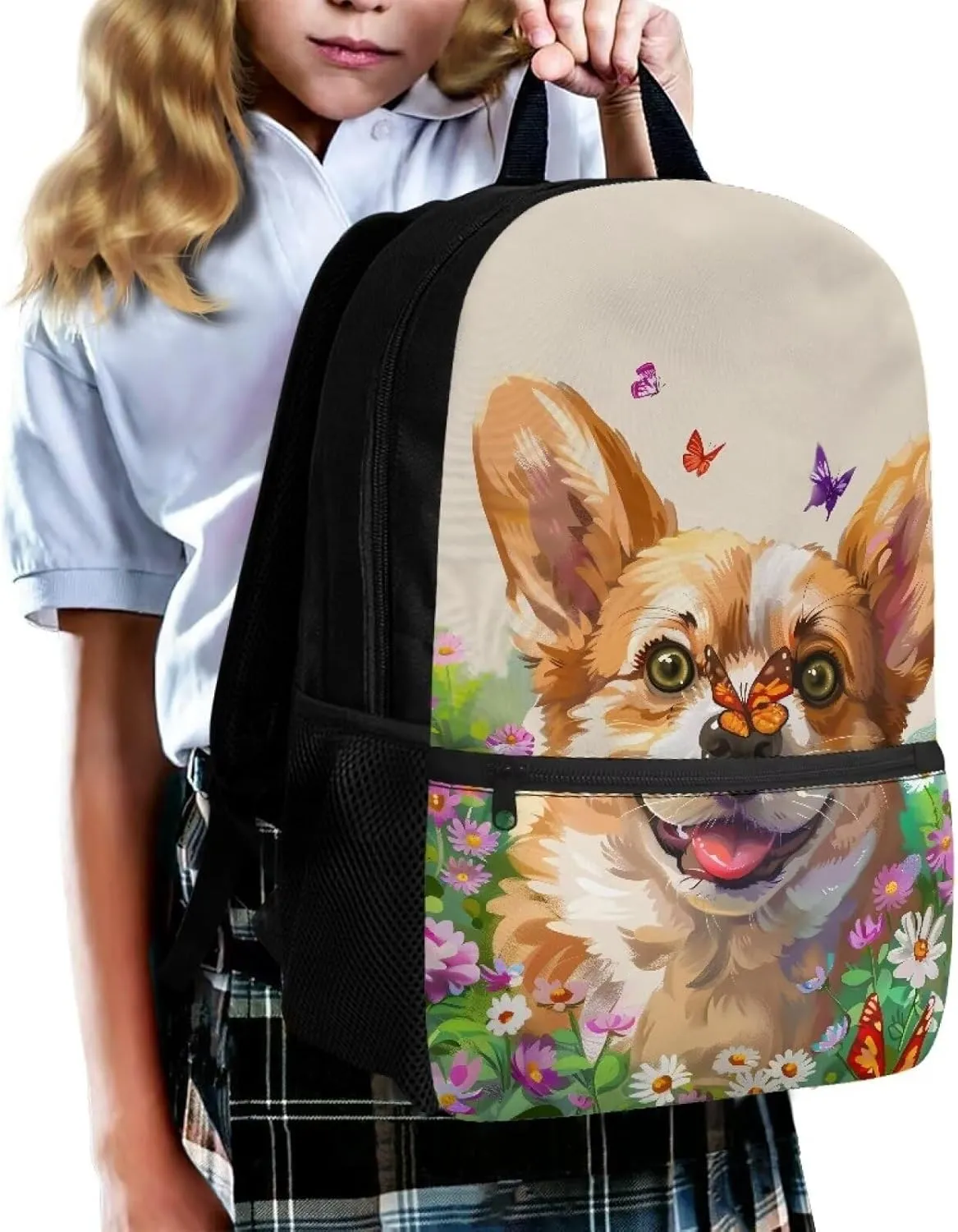 Corgi Dog School Backpack Butterfly Floral Backpacks with Adjustable Shoulder Strap School Bag for Women Kids 17 Inch Polyester Bookbag for Travel