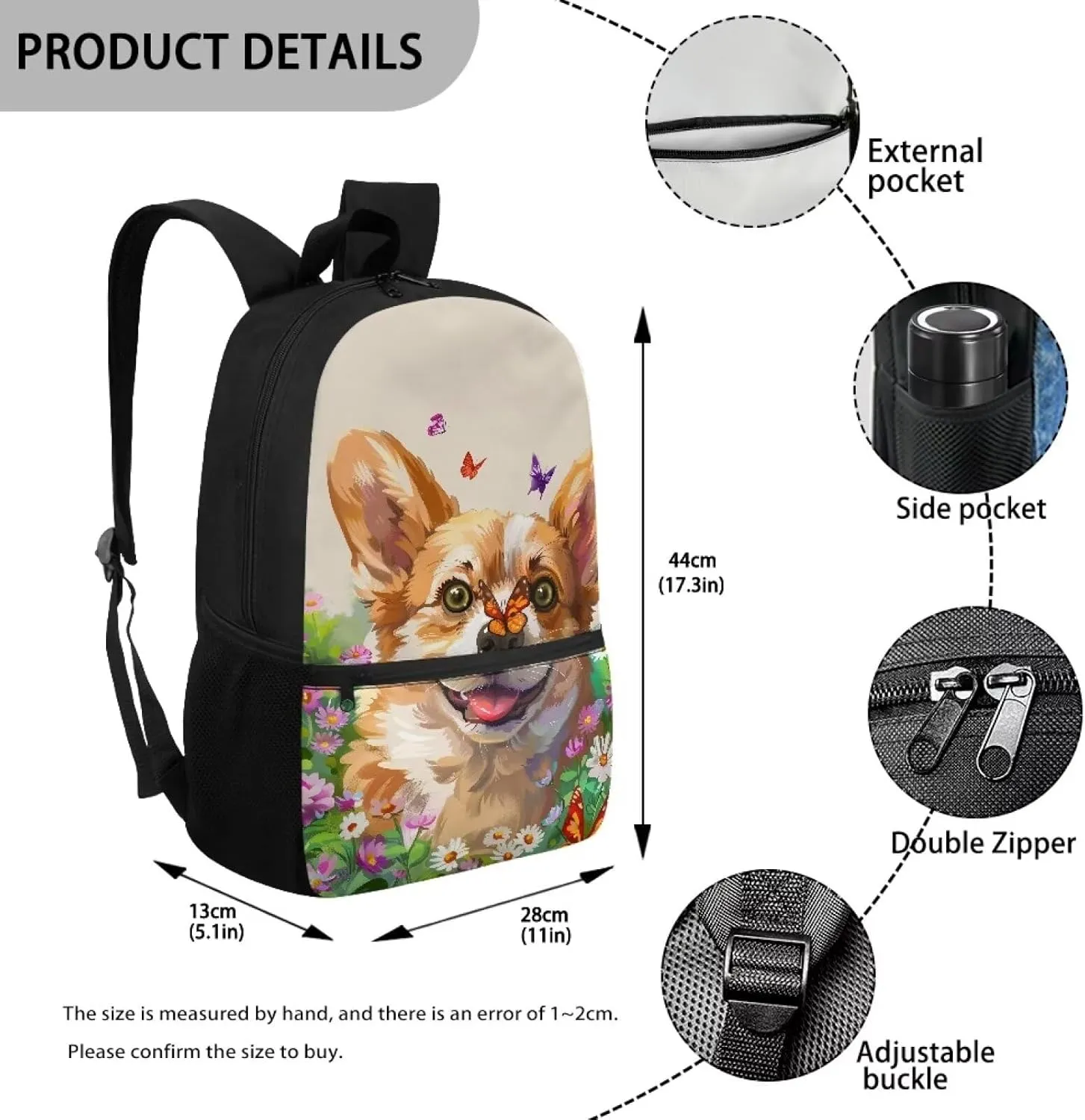 Corgi Dog School Backpack Butterfly Floral Backpacks with Adjustable Shoulder Strap School Bag for Women Kids 17 Inch Polyester Bookbag for Travel