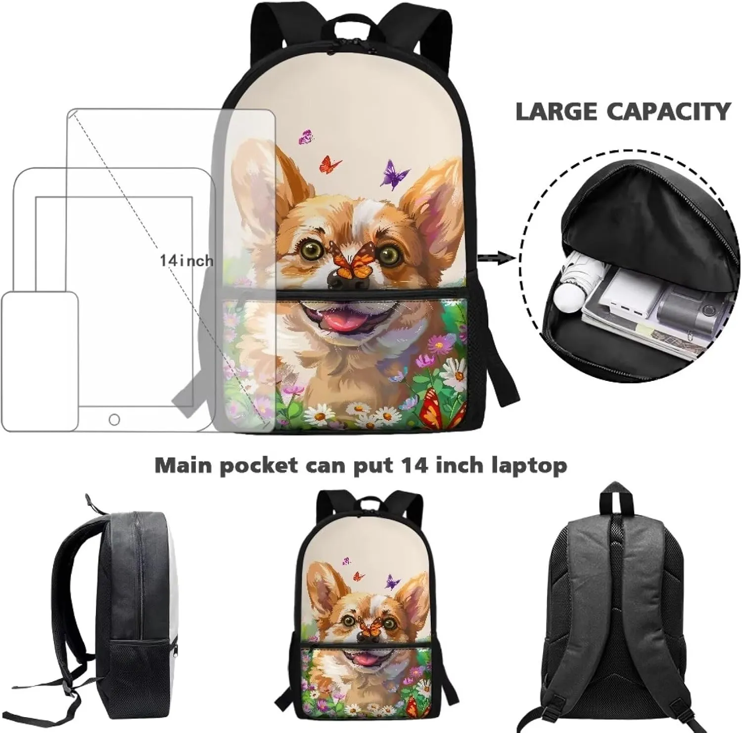 Corgi Dog School Backpack Butterfly Floral Backpacks with Adjustable Shoulder Strap School Bag for Women Kids 17 Inch Polyester Bookbag for Travel