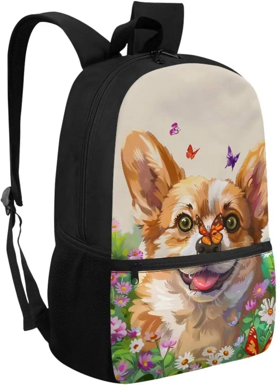 Corgi Dog School Backpack Butterfly Floral Backpacks with Adjustable Shoulder Strap School Bag for Women Kids 17 Inch Polyester Bookbag for Travel