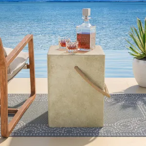COSIEST Concrete Side Table, Rectangular Outdoor Side Table w Hemp Rope Handles,15''Patio Side Tables Accent End Table for Garden and Patio, Beige