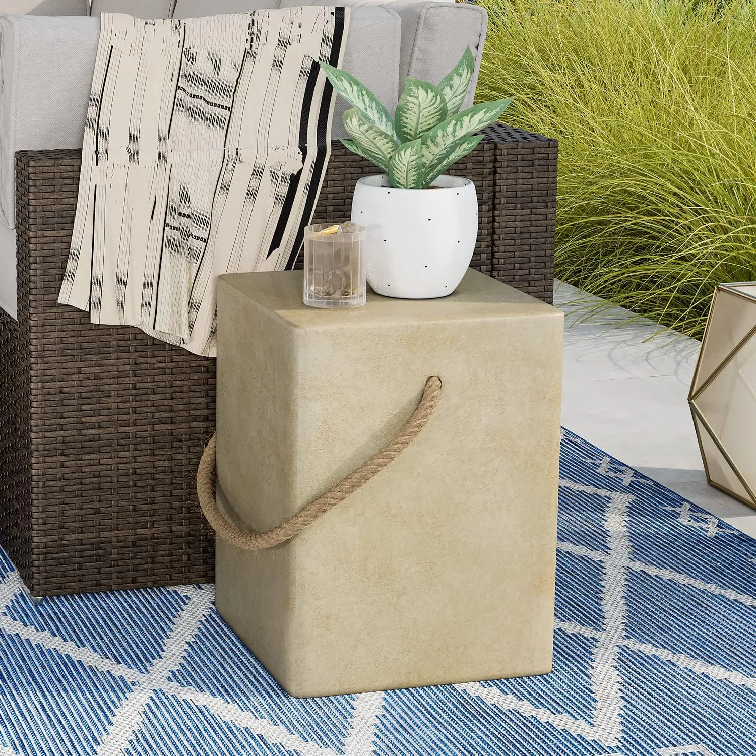 COSIEST Concrete Side Table, Rectangular Outdoor Side Table w Hemp Rope Handles,15''Patio Side Tables Accent End Table for Garden and Patio, Beige