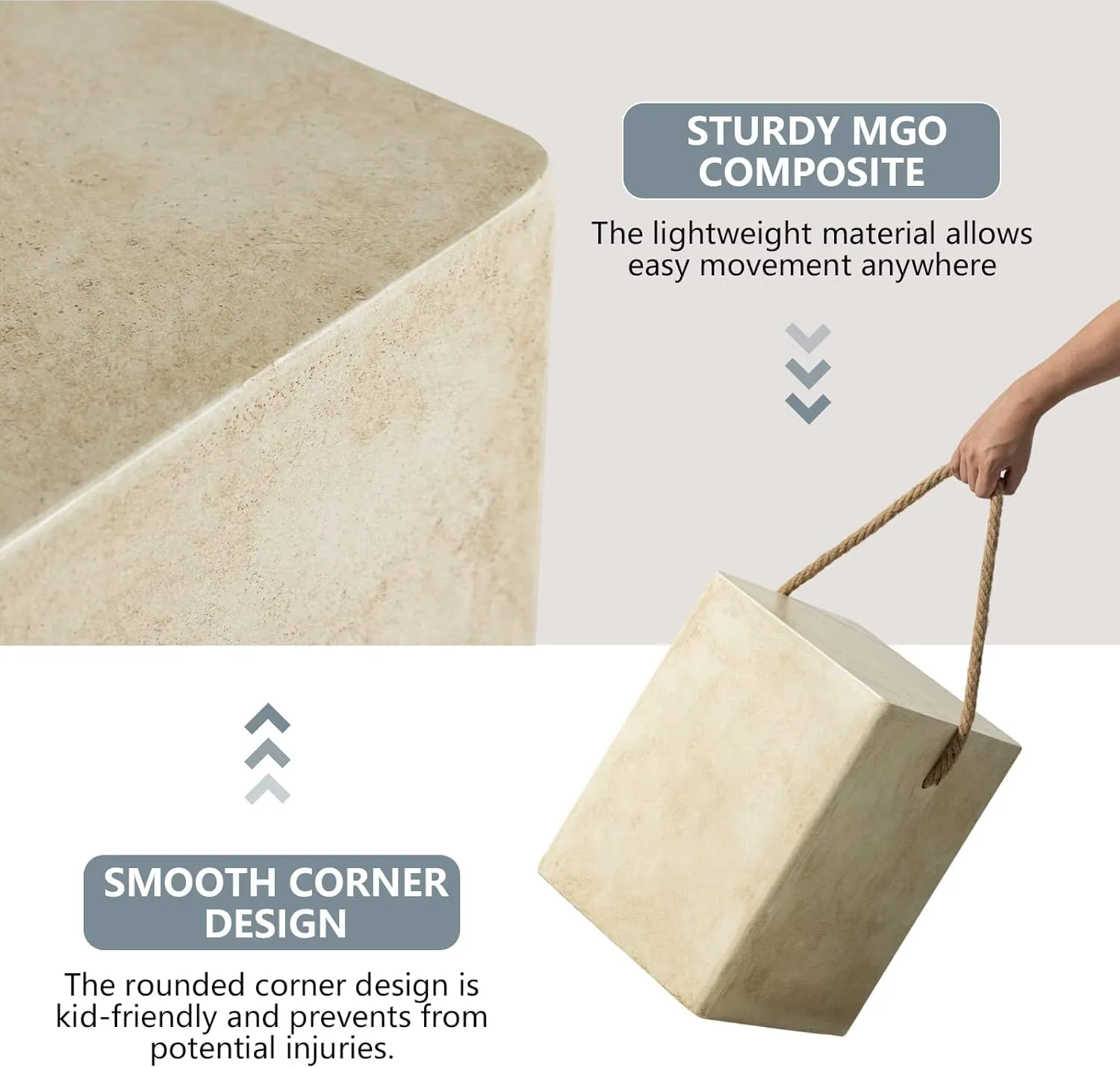COSIEST Concrete Side Table, Rectangular Outdoor Side Table w Hemp Rope Handles,15''Patio Side Tables Accent End Table for Garden and Patio, Beige