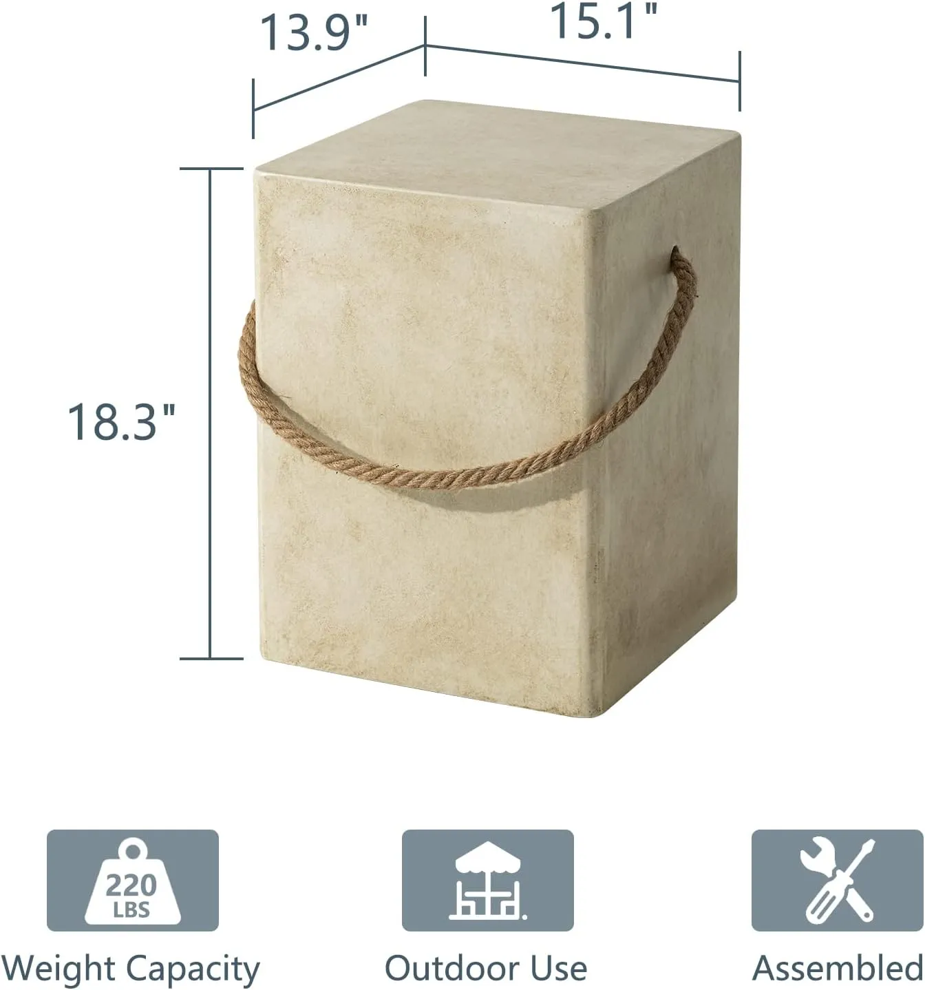 COSIEST Concrete Side Table, Rectangular Outdoor Side Table w Hemp Rope Handles,15''Patio Side Tables Accent End Table for Garden and Patio, Beige