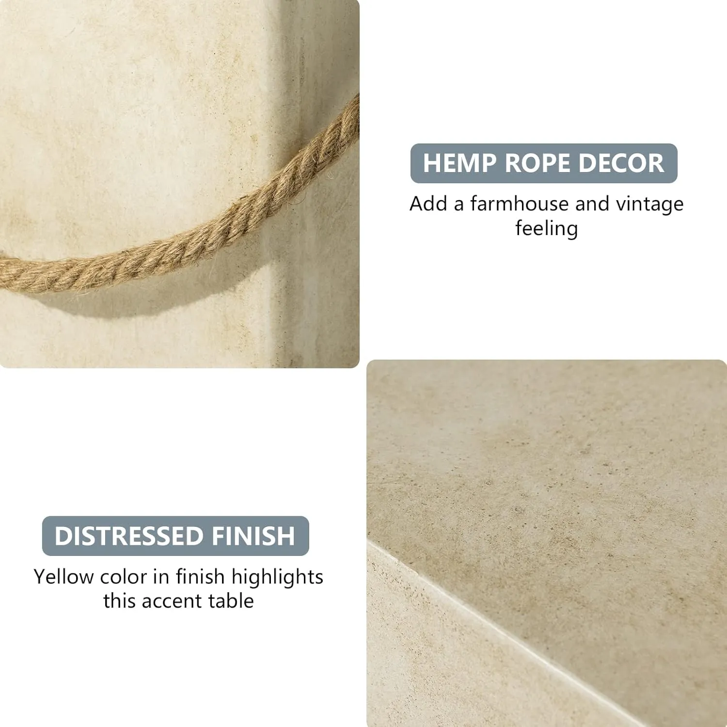 COSIEST Concrete Side Table, Rectangular Outdoor Side Table w Hemp Rope Handles,15''Patio Side Tables Accent End Table for Garden and Patio, Beige