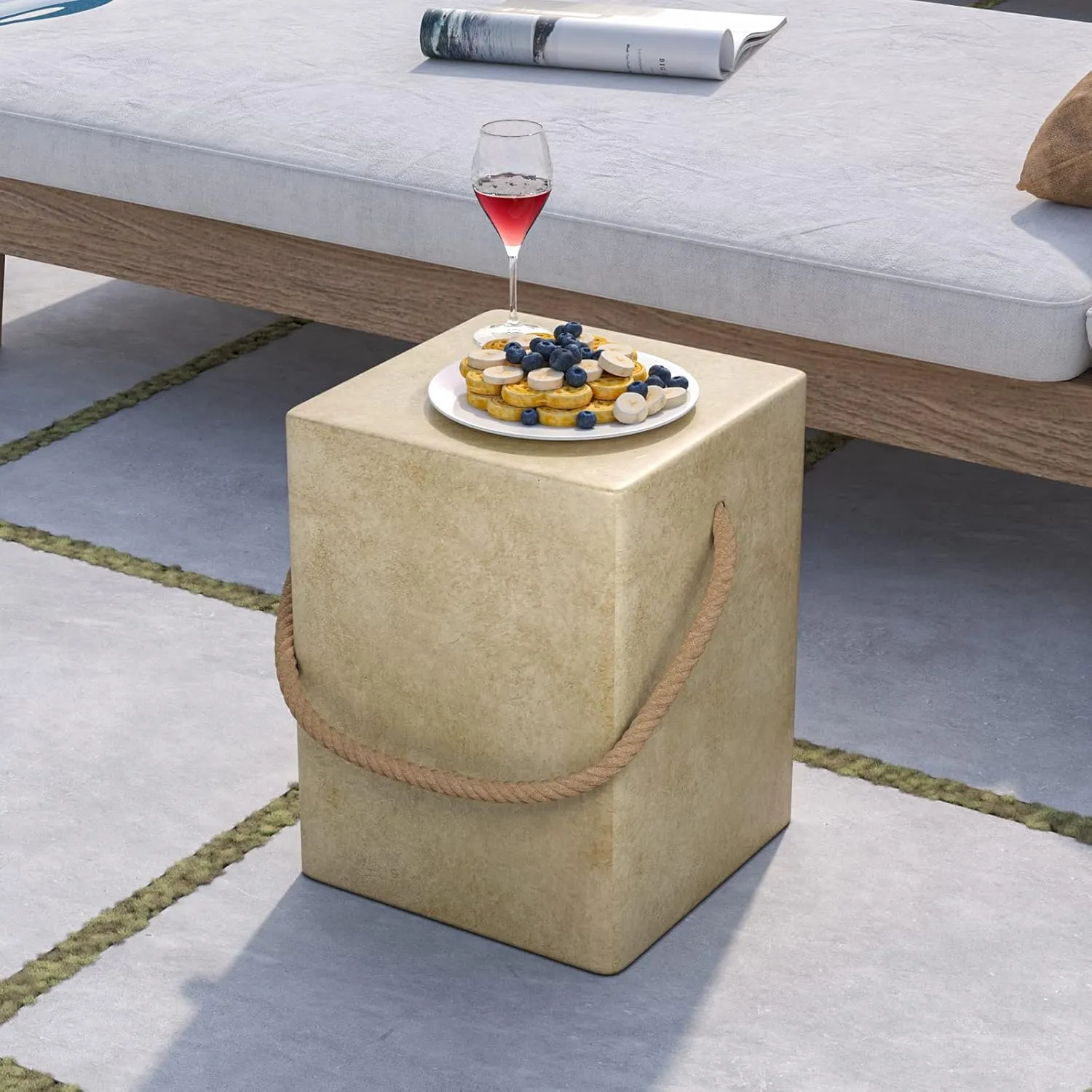 COSIEST Concrete Side Table, Rectangular Outdoor Side Table w Hemp Rope Handles,15''Patio Side Tables Accent End Table for Garden and Patio, Beige