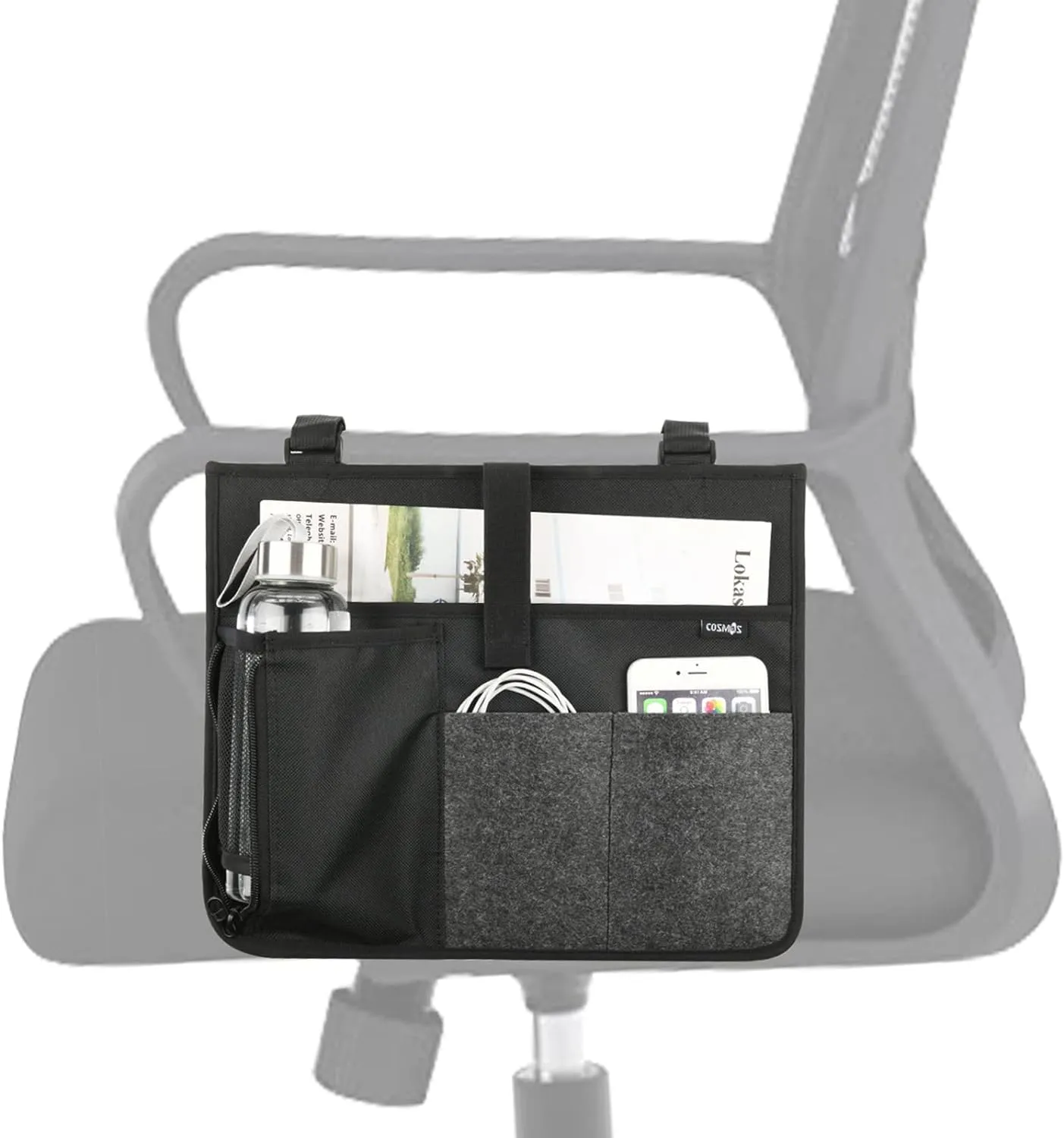 Cosmos Armrest Chair Side Organizer Bedside Caddy Organizer Bed Buk Storage Bag Armchair Wheelchair Hanging Side Pocket Bag for Ipad, Tablet, Cellphone, Remote Control, Magazines, Books & Water Bottle