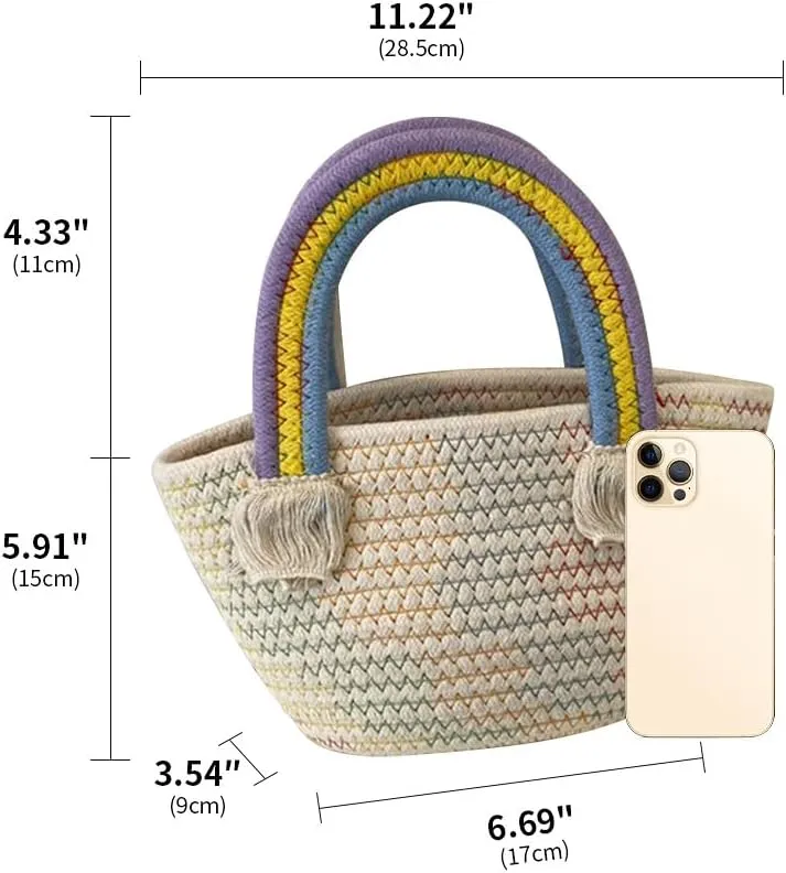 Cotton Handmade Women’s Tote Handbags Hand-Woven Purse with Rainbow Handles Summer Beach Tote Bag Travel Bag Holiday
