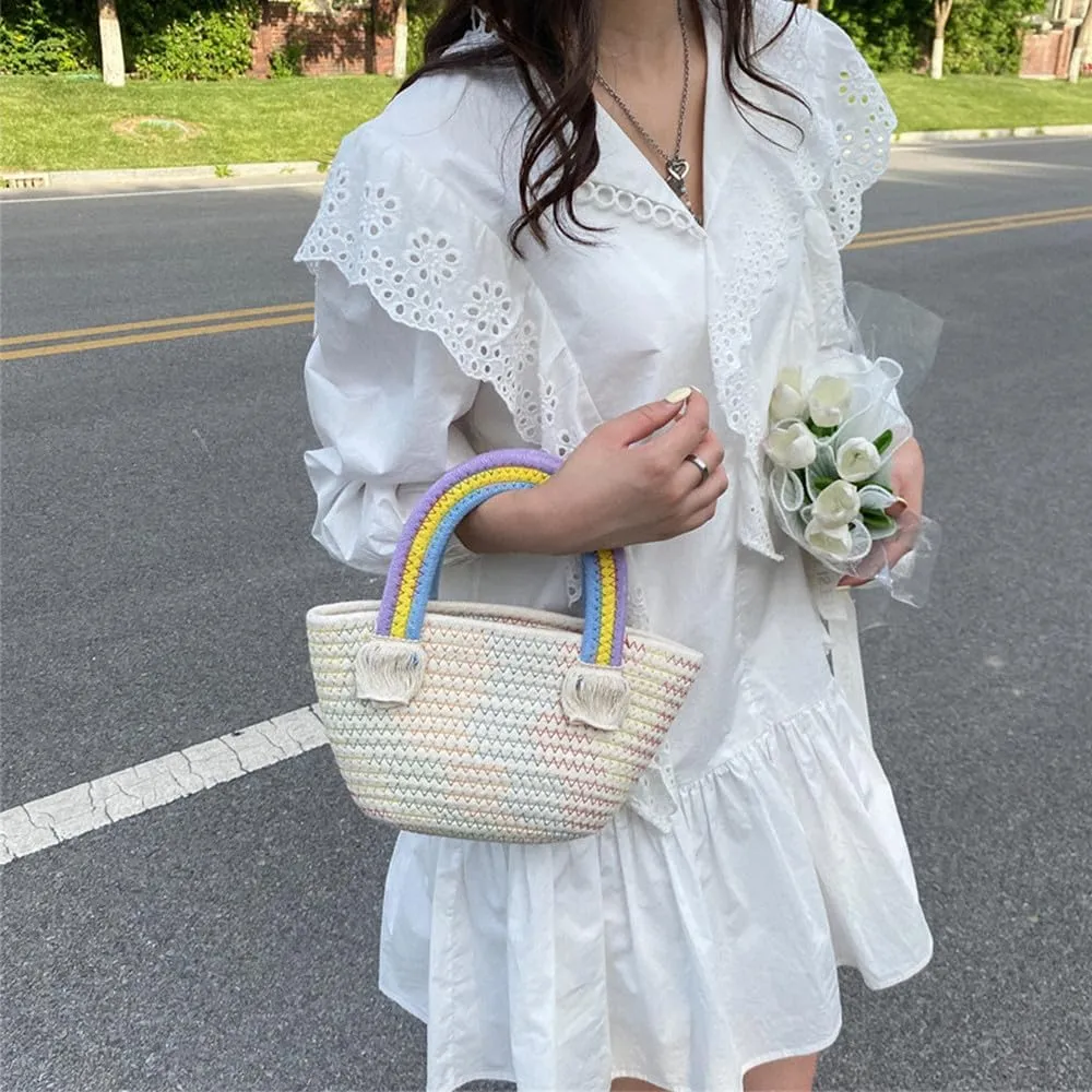 Cotton Handmade Women’s Tote Handbags Hand-Woven Purse with Rainbow Handles Summer Beach Tote Bag Travel Bag Holiday